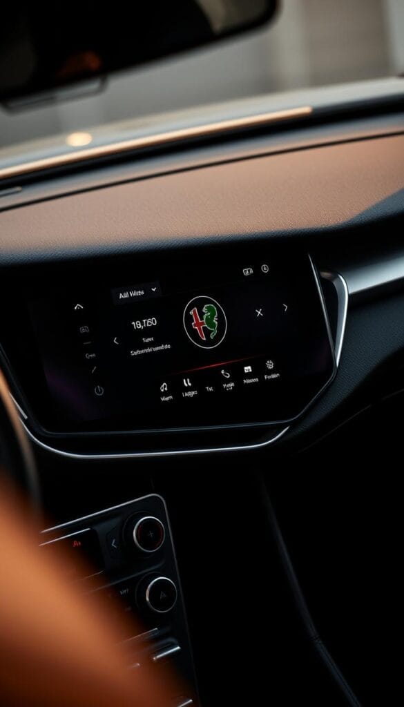 A high-resolution, detailed close-up view of the Alfa Romeo Stelvio Quadrifoglio's infotainment system display. The screen is set against a sleek, dark dashboard with metallic accents, showcasing the vehicle's premium interior design. The display shows a modern, intuitive user interface with clear, legible graphics and seamless touch controls. The scene is illuminated by soft, warm lighting, creating a sophisticated and high-tech ambiance that reflects the Stelvio Quadrifoglio's exceptional performance capabilities and luxurious character.