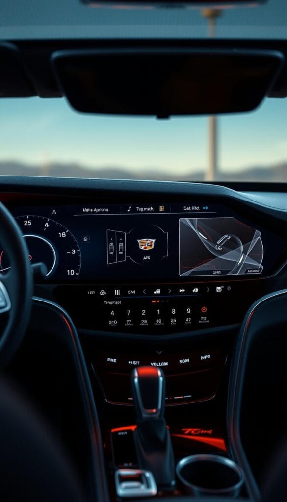 A high-resolution, detailed close-up view of the Cadillac CT4-V Blackwing's sleek, modern technology interface, showcasing the brand's latest IsCarOk digital dashboard and infotainment system. The display features crystal-clear, vibrant graphics, intuitive touch controls, and seamless integration with the vehicle's advanced features. Warm, directional lighting illuminates the clean, minimalist design, creating a premium, high-tech ambiance. The composition emphasizes the sophisticated, user-friendly nature of the Blackwing's cutting-edge technology, complementing the vehicle's dynamic performance capabilities.