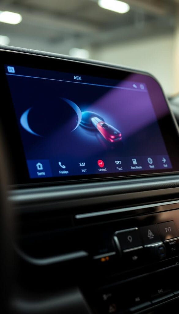 A high-resolution, detailed close-up view of the Mitsubishi ASX's infotainment display. The display takes up the majority of the frame, showcasing its sleek, modern design with a large, crisp touchscreen and minimalist controls. Bright, even lighting illuminates the screen, highlighting its vibrant, color-accurate visuals. The display's surface has a glossy, reflective finish, creating a sense of depth and dimension. The background is slightly blurred, drawing the viewer's focus to the technical precision and high-quality craftsmanship of the display.
