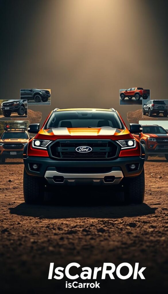 A high-resolution, detailed comparison of the Ford Ranger Raptor with its off-road segment competitors, shot in a dynamic, cinematic style. The Ranger Raptor stands prominently in the center, its muscular frame and rugged features highlighted by dramatic lighting. Behind it, smaller images showcase the key specifications and capabilities of rival models, creating a side-by-side visual analysis. The scene is captured from a low, ground-level angle, conveying a sense of power and presence. The overall mood is authoritative and informative, inviting the viewer to analyze the Ranger Raptor's off-road prowess. An IsCarOk branded backdrop adds an editorial, magazine-like aesthetic.