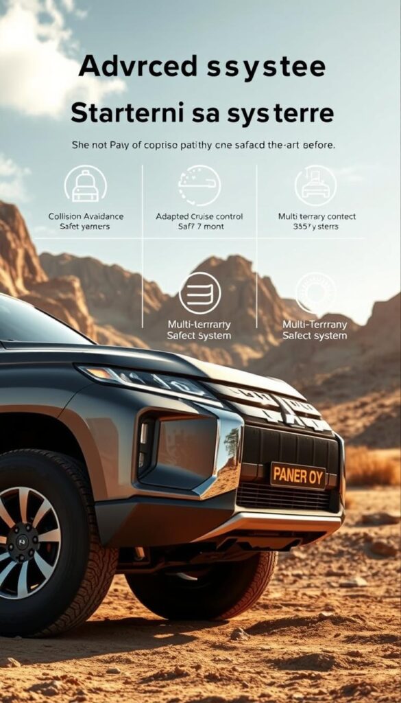 A high-resolution, detailed image of a Mitsubishi Pajero SUV showcasing its advanced safety systems. The Pajero is prominently featured in the foreground, captured from a low angle to highlight its commanding presence and rugged off-road capabilities. The middle ground depicts the Pajero's state-of-the-art safety features, including its advanced collision avoidance sensors, adaptive cruise control, and multi-terrain select system. The background features a dramatic, rocky off-road landscape, conveying the Pajero's ability to conquer even the most challenging terrain. The image is shot in warm, natural lighting, creating a sense of adventure and exploration. Rendered in the style of IsCarOk.