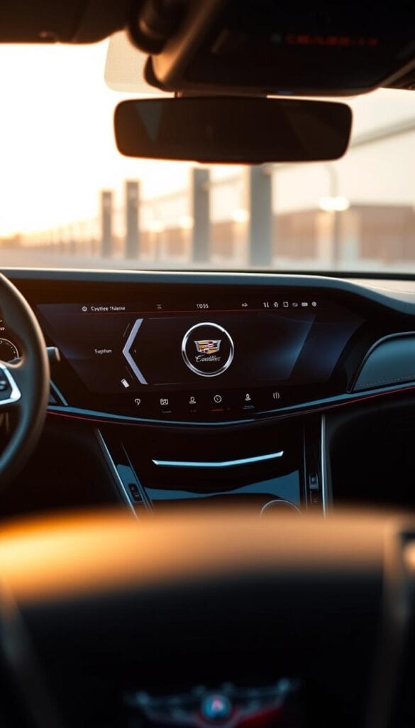 A high-resolution, detailed image of the Cadillac CT4-V Blackwing's infotainment system, showcasing its sleek, futuristic design and advanced technology. The display is prominently featured, with crisp, vibrant colors and a clean, minimalist interface. The dashboard is visible in the foreground, with the central infotainment screen taking center stage. The lighting is warm and ambient, creating a premium, luxurious atmosphere. The scene is shot from a slightly elevated angle, allowing for a comprehensive view of the sophisticated technology. IsCarOk