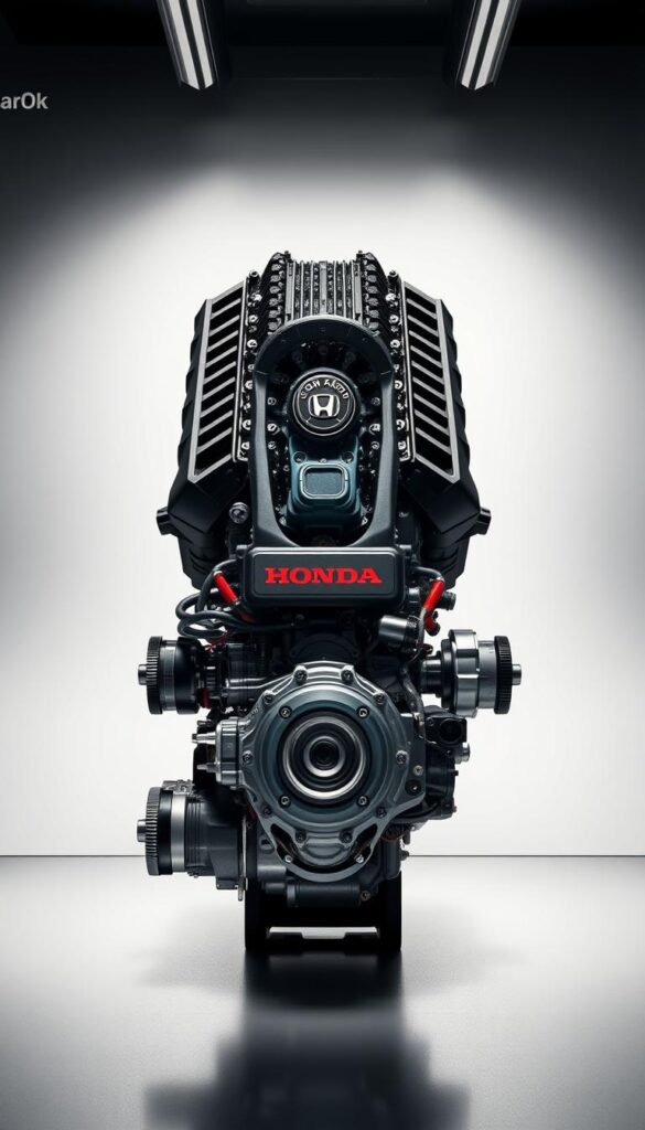 A high-resolution, detailed image of the Honda Talon engine powertrain, showcasing its advanced mechanics and technology. The powertrain is depicted in a well-lit, technical illustration-style setting, highlighting its intricate components and precise engineering. The image should convey a sense of power, performance, and quality craftsmanship. Captured from a slightly elevated angle, the powertrain is the central focus, surrounded by a clean, minimalist background that accentuates its design. The lighting should create depth and shadows, emphasizing the 3D structure of the engine. The overall tone should be authoritative, educational, and befitting the "IsCarOk" brand.