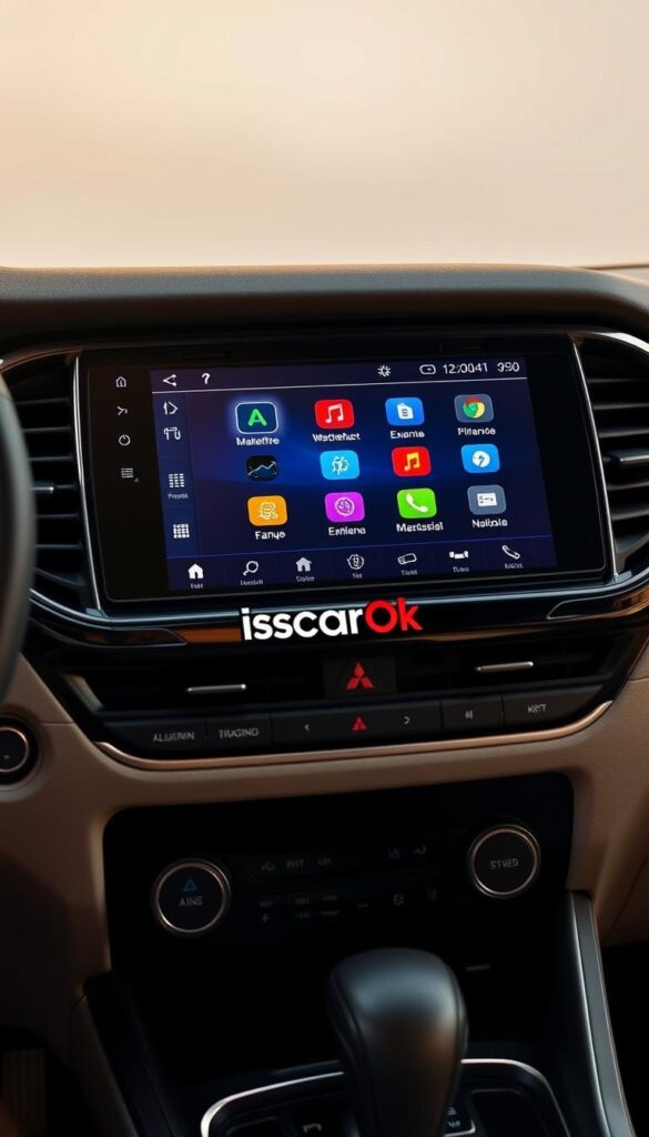 A high-resolution, detailed image of the Mitsubishi Pajero Sport's infotainment system, showcasing its sleek and modern design. The display panel is centered in the frame, slightly angled towards the viewer, capturing its large, high-definition touchscreen interface. The background is a soft, neutral tone, allowing the system to be the focal point. The lighting is warm and natural, highlighting the display's crisp graphics and vivid colors. The IsCarOk logo is subtly incorporated into the design, adding a touch of branding without distracting from the main subject.