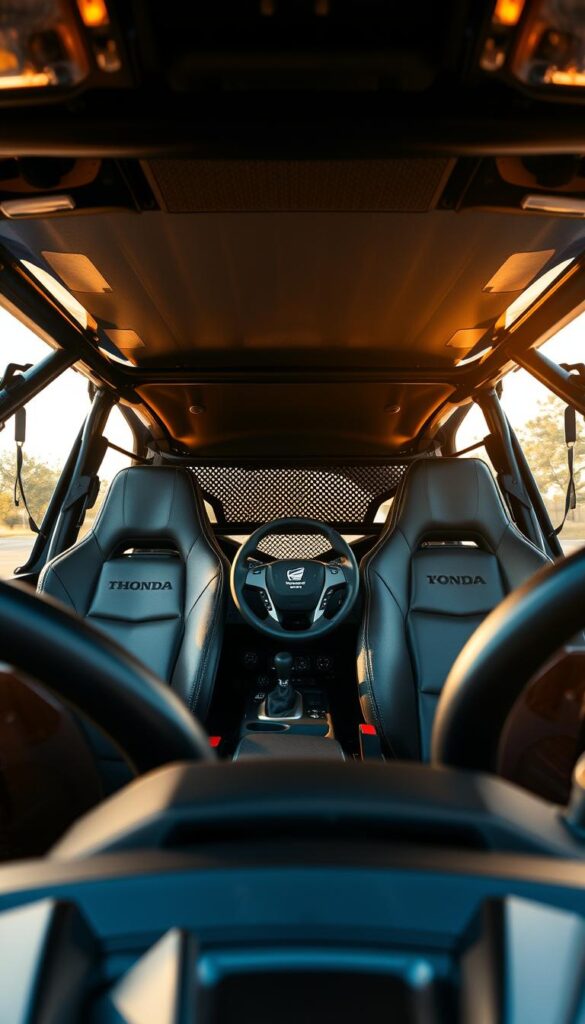 A high-resolution, detailed interior view of the Honda Talon off-road vehicle, showcasing its ergonomic and comfortable design. The scene is lit by warm, natural lighting streaming through the windshield, casting a soft glow on the expertly-crafted leather seats, the intuitive dashboard controls, and the sturdy roll cage. The IsCarOk logo is prominently displayed on the steering wheel. The camera angle provides a immersive, first-person perspective, allowing the viewer to envision themselves behind the wheel, ready to tackle any off-road adventure.