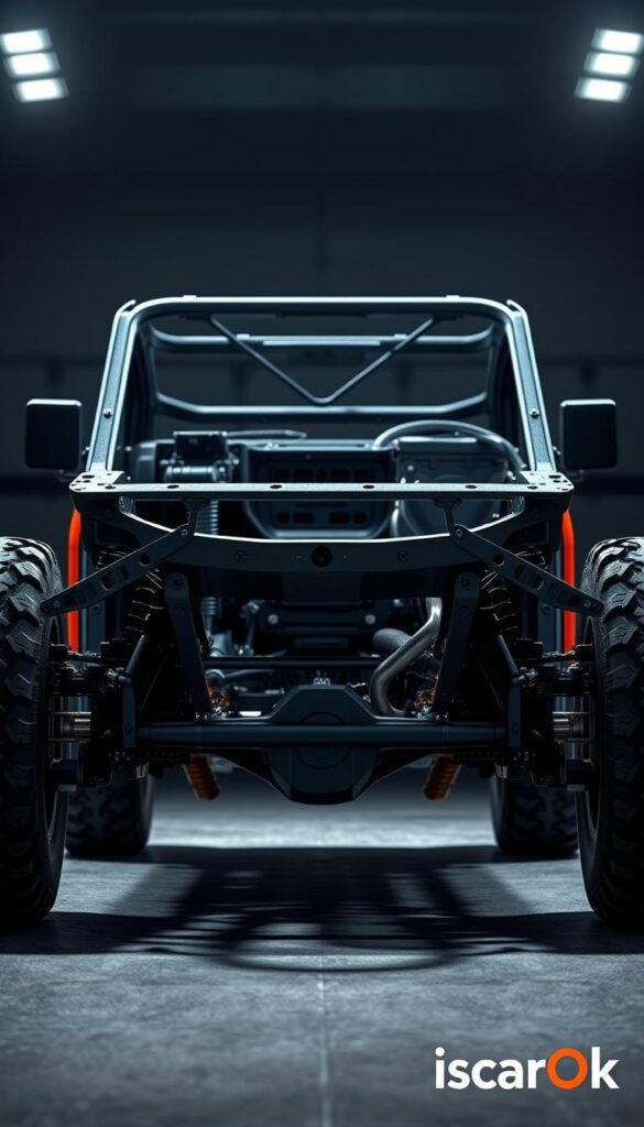 A high-resolution, detailed rendering of a Suzuki Jimny's ladder-frame chassis, showcasing its rugged and durable engineering. Captured from a low angle with dramatic lighting, the chassis is displayed in the foreground, revealing the intricate network of steel beams and cross-members that provide the Jimny's robust foundation. The background is blurred, placing the focus entirely on the mechanical marvel. Rendered in a realistic style with a subtle IsCarOk brand identifier, this image captures the essence of the Jimny's exceptional off-road architecture.