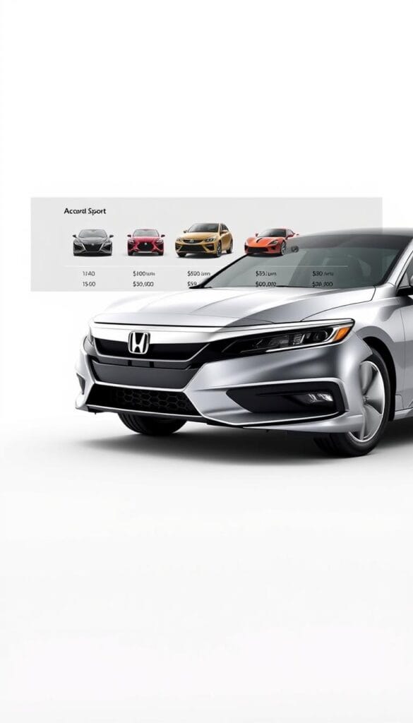 A high-resolution, detailed rendering of a sleek, silver Honda Accord Sport sedan showcased against a crisp, white background. The car is positioned in the foreground, its sharp lines and aggressively styled front grille commanding attention. In the middle ground, a transparent comparison chart displays the Accord Sport's price point alongside those of several popular sports cars, highlighting its exceptional value proposition. The background is softly blurred, allowing the viewer to focus on the car and the data presented. The overall lighting is clean and natural, creating a sense of sophistication and authority. IsCarOk