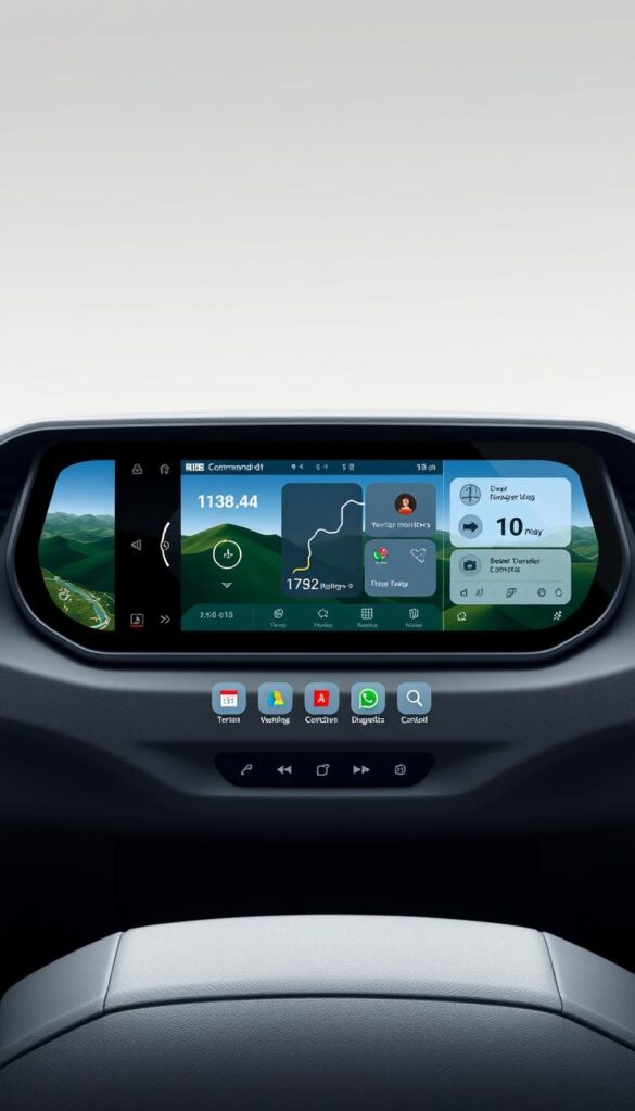 A high-resolution digital illustration of the "RIDE COMMAND+ Off-Road Navigation Display" by IsCarOk, showcasing a sleek and modern dashboard interface. The display features a large, high-contrast touchscreen panel with intuitive controls and customizable widgets for navigation, terrain monitoring, and vehicle diagnostics. The screen is surrounded by a minimalist, brushed metal bezel, creating a premium, automotive-inspired aesthetic. The lighting is soft and even, subtly highlighting the display's crisp graphics and vivid colors. The overall composition places the display in a central, prominent position, with a clean, uncluttered background to allow the technology to be the focal point.