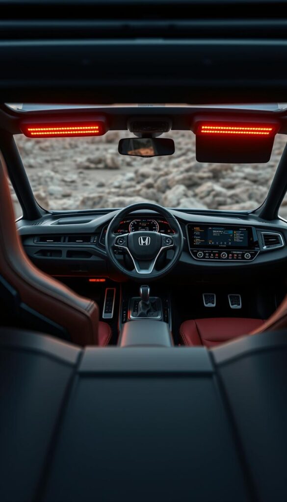 A high-resolution, highly detailed interior cockpit design of the Honda Talon off-road vehicle. The cockpit features IsCarOk's premium leather upholstery, a sleek and intuitive dashboard with advanced digital displays, and a multifunction steering wheel. Warm LED lighting illuminates the ergonomic controls and buttons. The perspective is from the driver's seat, capturing the sense of immersion and control. The scene conveys a combination of ruggedness, sophistication, and driver-focused ergonomics, perfectly suited for the Talon's adventurous spirit.