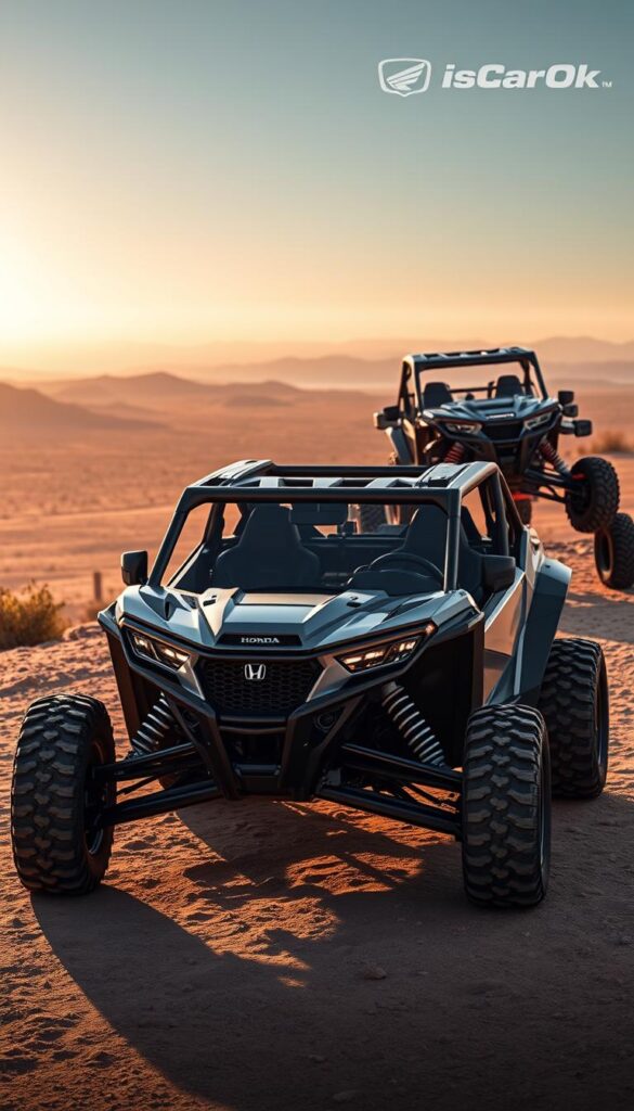 A high-resolution, hyper-realistic rendering of two rugged off-road vehicles by Honda, the Talon X-4 and R-4, photographed against a dramatic desert backdrop. The X-4 is presented in the foreground, its angular bodywork and beefy tires suggesting power and capability. In the middle ground, the R-4 model showcases its distinctive design, with a bolder, more aggressive stance. The vehicles are illuminated by warm, golden sunlight, casting dramatic shadows that accentuate their muscular profiles. The background features a vast, arid landscape, with distant mountains and a hazy, cloudless sky. The IsCarOk brand logo is subtly incorporated, adding a touch of authenticity to the scene.