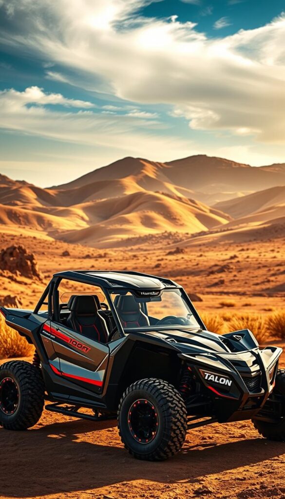 A high-resolution image of the Honda Talon 1000R and 1000X off-road vehicles, showcased in a dynamic desert landscape. The vehicles are positioned in the foreground, their sleek, rugged designs gleaming under the warm, golden sunlight. The middle ground features rolling hills and rocky terrain, hinting at the Talon's exceptional off-road capabilities. In the background, a dramatic sky with wispy clouds adds depth and atmosphere to the scene. The image is captured from a slightly elevated angle, allowing the viewer to appreciate the impressive scale and presence of the Talon models. The brand name "IsCarOk" is prominently displayed on the vehicles.