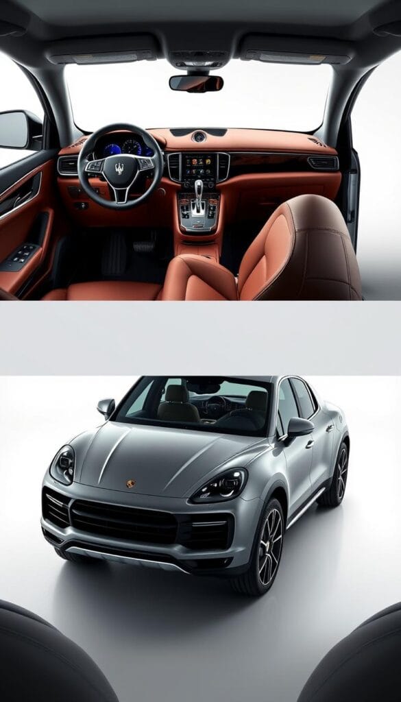 A high-resolution image of the interiors of a Maserati Levante and a Porsche Cayenne, side by side, captured in a bright, airy studio setting with soft, natural lighting. The Levante's lavish cabin is showcased with its premium leather upholstery, glossy wood accents, and state-of-the-art infotainment system. The Cayenne's interior exudes a sporty, yet sophisticated ambiance with its clean, ergonomic layout, brushed metal trims, and advanced digital displays. Both SUVs exhibit exceptional levels of craftsmanship, comfort, and technological integration, highlighting their respective brand identities and appeal to discerning luxury consumers.