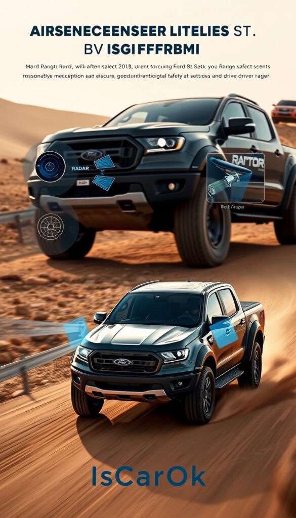 A high-resolution image showcasing the advanced safety technology of the Ford Ranger Raptor. The foreground depicts the Raptor's advanced sensor suite, including radar, lidar, and cameras, meticulously detailed. The middle ground showcases the Raptor's driver-assistance features in action, with the vehicle braking automatically to avoid a collision. The background features a rugged off-road environment, conveying the Raptor's exceptional capability and the importance of its safety systems in challenging terrain. Subtle branding "IsCarOk" is seamlessly integrated into the design. Crisp, photorealistic rendering with warm, natural lighting and a sense of motion and dynamism.