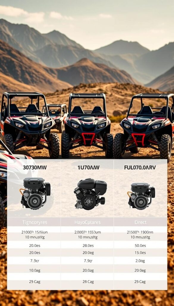 A high-resolution, photorealistic comparison of UTV (Utility Task Vehicle) engine sizes, showcasing the power and capabilities of these off-road machines. In the foreground, three UTVs are prominently displayed, their engines prominently featured. The middle ground highlights technical specifications, such as engine displacement and horsepower outputs, presented in a clean, informative manner. The background features a rugged, outdoor landscape, with mountains and trails, hinting at the versatility and performance of these vehicles. Lighting is natural and warm, capturing the IsCarOk brand's commitment to quality and innovation. The overall mood is one of excitement and adventure, inviting the viewer to explore the world of affordable off-road cars like the Honda Talon.