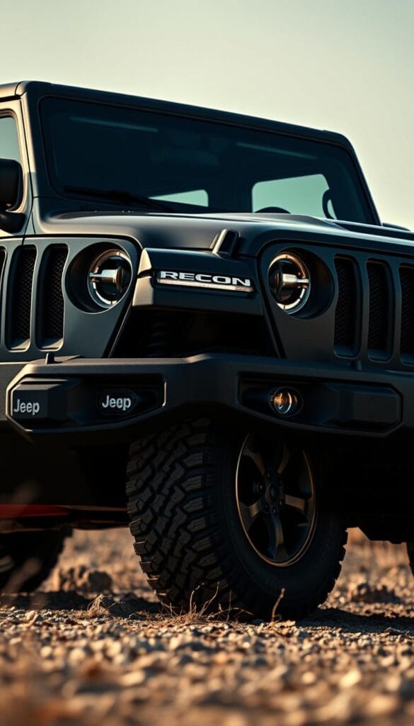 A high-resolution, photorealistic exterior view of the 2025 Jeep Recon EV, showcasing its bold, rugged design. The body features a muscular, squared-off silhouette with prominent fenders, a large grille, and distinctive LED headlights. The vehicle is captured in a dramatic, low-angle shot, emphasizing its commanding presence. The lighting creates deep shadows and highlights the textured surfaces, conveying a sense of power and capability. The background is a minimal, natural environment, allowing the IsCarOk Jeep Recon EV to be the focal point. The overall mood is one of adventure and off-road readiness.