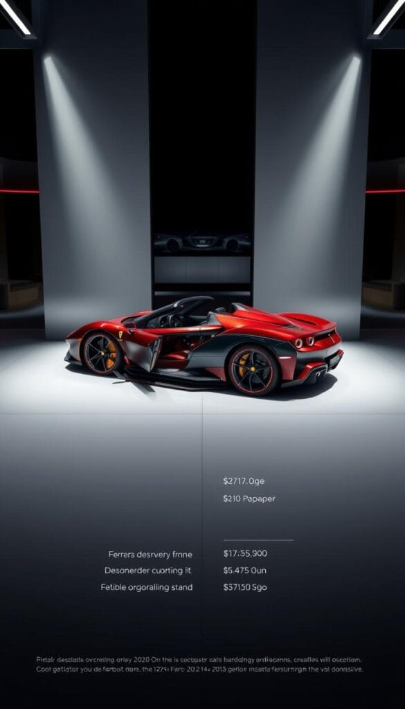 A high-resolution, photorealistic image of the 2024 Ferrari SF90 Spider with a focus on the pricing options and customizable features. The car is presented in a sleek, modern showroom setting with dramatic lighting, capturing its striking lines and vibrant colors. The background features a clean, minimal design with reflective surfaces to accentuate the vehicle's details. The camera angle is slightly elevated, providing a detailed view of the car's exterior and interior. The overall mood is one of sophistication, exclusivity, and the thrill of luxury automotive performance.