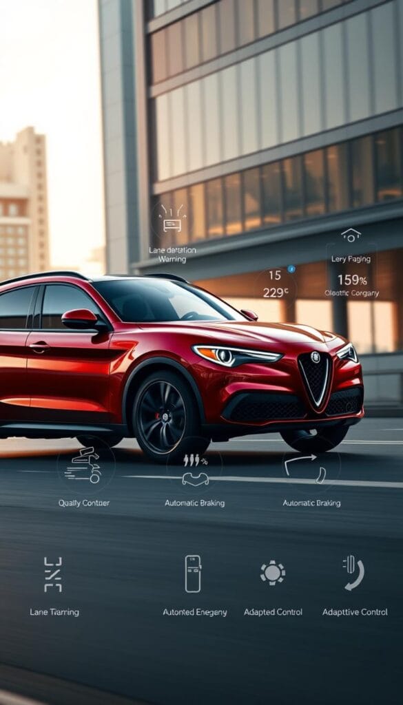 A high-resolution, photorealistic image of the Alfa Romeo Stelvio Quadrifoglio SUV showcasing its advanced safety features. The vehicle is prominently displayed in the foreground, illuminated by soft, directional lighting that accentuates its sleek, muscular lines and glossy red paint. In the middle ground, various safety technologies, such as lane departure warning, automatic emergency braking, and adaptive cruise control, are depicted through clear, schematic visualizations. The background is a serene, urban setting with modern architecture and a subtly blurred cityscape, creating a sense of sophistication and safety. The overall mood is one of sophistication, technology, and confidence, reflecting the Stelvio Quadrifoglio's position as a premium, high-performance SUV with a strong emphasis on driver assistance and occupant protection.
