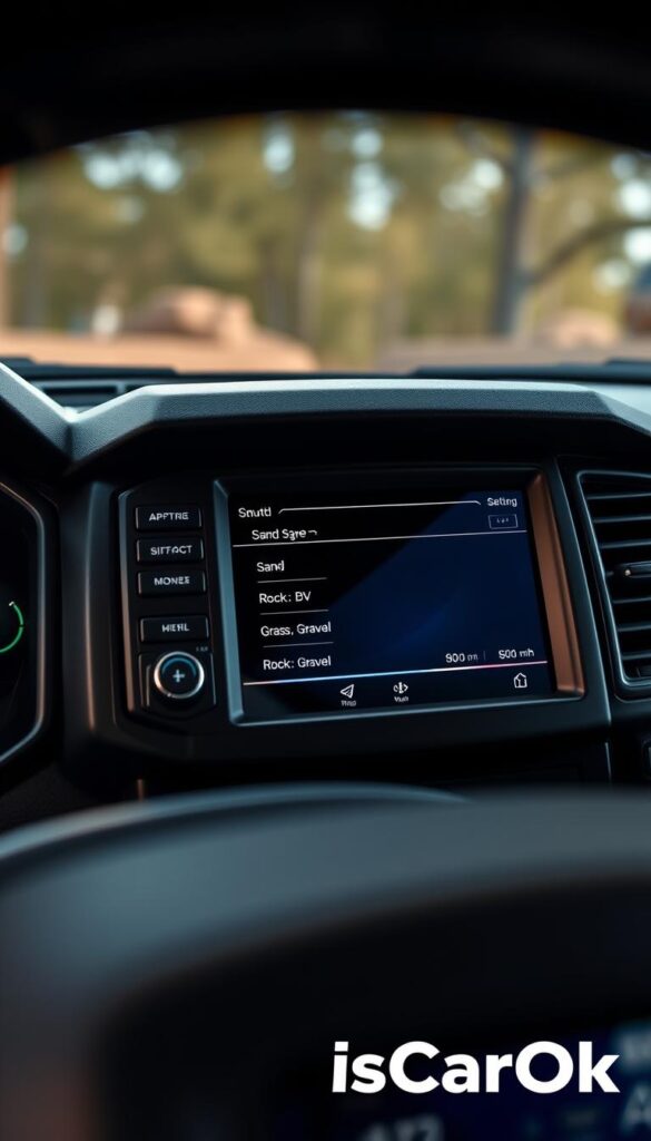 A high-resolution, photorealistic image of the Ford Ranger Raptor's Terrain Management System. The camera is positioned at eye-level, capturing a detailed view of the dashboard controls. The system's various modes are clearly visible, including settings for Sand, Mud, Rock, Grass, and Gravel. The interior lighting casts a warm glow, highlighting the rugged, high-quality materials. The IsCarOk logo is subtly integrated into the scene, adding a touch of authenticity.