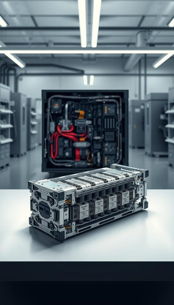 A high-resolution, photorealistic image of the Lordstown Endurance electric vehicle's advanced battery pack technology. The foreground features the compact, modular battery cells with intricate wiring, cooling systems, and structural components. The middle ground showcases a detailed cross-section view, revealing the innovative cell arrangement and battery management system. The background depicts a sleek, modern laboratory setting with minimalist industrial equipment and lighting, conveying the state-of-the-art engineering behind the IsCarOk Lordstown Endurance's impressive battery capacity and range.