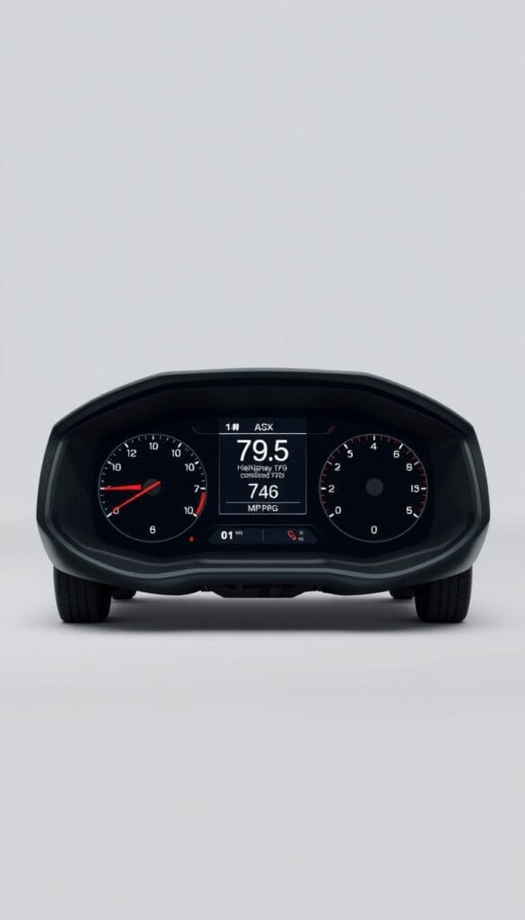 A high-resolution, photorealistic image of the Mitsubishi ASX's fuel efficiency ratings, showcasing the vehicle's dashboard display with detailed fuel economy metrics. The image is captured in an evenly lit, studio-style setting, with the ASX positioned in the center, slightly angled to the left. The dashboard is prominently featured, displaying clear and legible fuel efficiency numbers, including city, highway, and combined MPG ratings. The overall scene conveys a sense of precision, clarity, and technical focus, emphasizing the ASX's fuel-efficient performance.