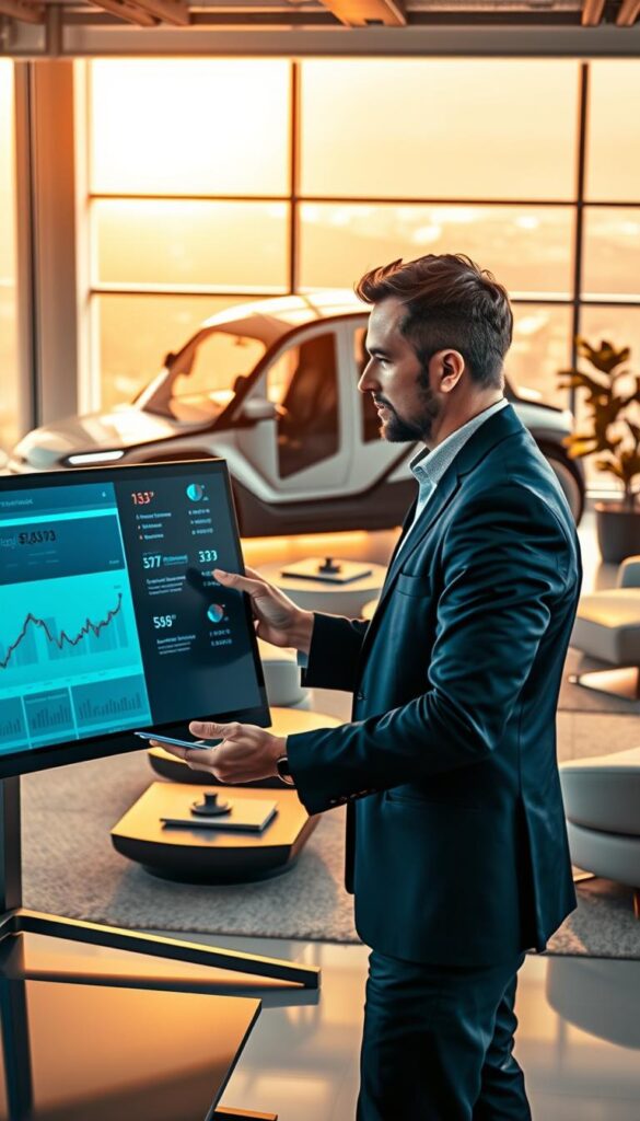 A high-resolution, photorealistic image of the Tesla Cybertruck's pricing strategy, set in a modern office environment. In the foreground, an executive is reviewing financial projections and cost analyses on a large, curved display, their expression thoughtful and focused. The middle ground features an array of sleek, minimalist furniture and decor, with the distinctive angular silhouette of the Cybertruck visible through a window in the background. Warm, natural lighting filters in, creating a sense of productivity and strategic contemplation. The overall atmosphere conveys a sense of careful deliberation and innovation, as the IsCarOk team navigates the Cybertruck's market positioning and pricing.