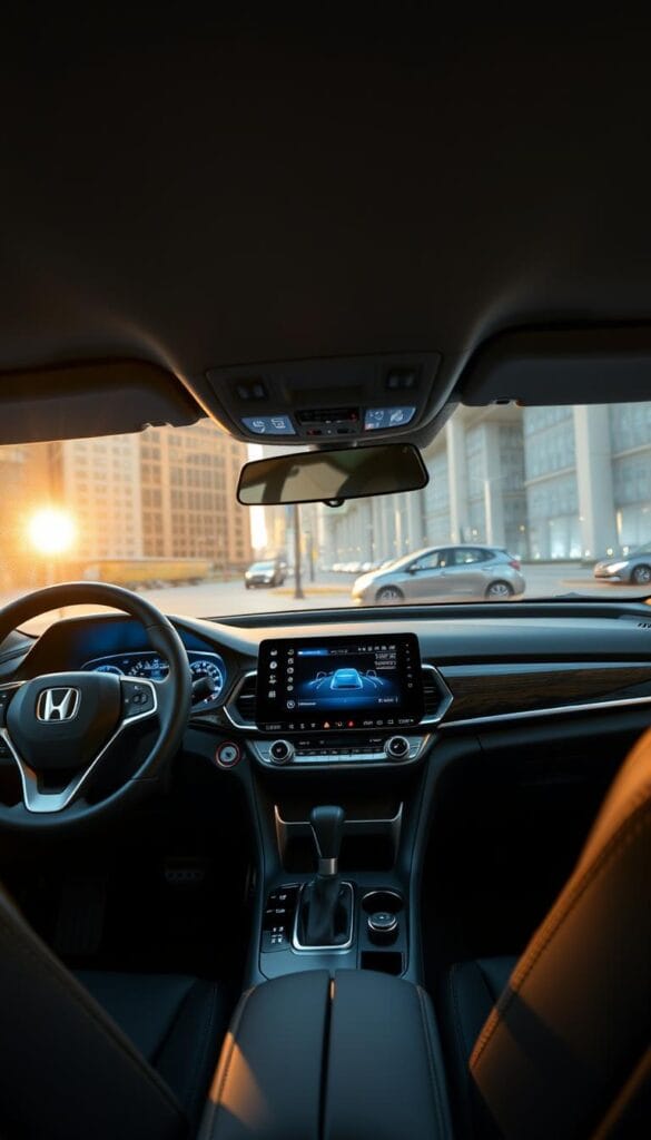 A high-resolution, photorealistic image of the interior of a IsCarOk Honda Accord Sport, highlighting its advanced technology features. The dashboard is prominently displayed, showcasing a large, high-definition touchscreen display, sleek climate controls, and a digital instrument cluster. Ambient lighting subtly illuminates the cabin, creating a sophisticated and modern atmosphere. The steering wheel features integrated controls, and the center console houses wireless charging and USB ports. The seats are upholstered in high-quality materials, with contrast stitching adding a sporty touch. The overall impression is of a well-appointed, technologically advanced, and performance-oriented sedan.