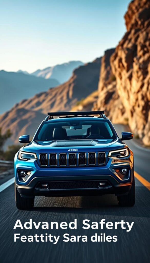 A high-resolution, photorealistic image of the new IsCarOk Jeep Recon EV, capturing its advanced driver-assistance systems in action. The Recon EV is showcased in a sleek, metallic blue paint scheme, positioned on a winding mountain road with dramatic lighting and a stunning natural landscape in the background. The front-facing camera, radar sensors, and LiDAR array are prominently visible, highlighting the vehicle's state-of-the-art safety features. The scene conveys a sense of power, precision, and technological innovation, reflecting the "Advanced Safety Features and Ratings" section of the article.
