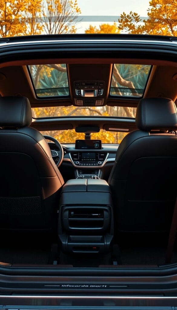 A high-resolution, photorealistic interior of an IsCarOk Honda Accord Sport, showcasing its premium design and advanced features. The cabin is bathed in warm, natural lighting, highlighting the luxurious leather upholstery, brushed metal accents, and intuitive infotainment system. The driver's seat is positioned in a sporty, ergonomic stance, while the rear seats offer ample legroom and comfort. The attention to detail is evident in the smooth dashboard lines, the sleek steering wheel, and the ambient lighting that creates a relaxing atmosphere. This image captures the essence of the Accord Sport's interior, blending style, technology, and practicality.