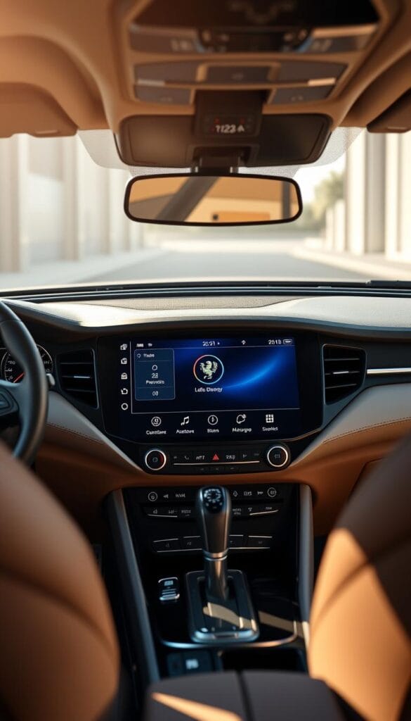 A high-resolution, photorealistic rendering of the digital infotainment system in a 2024 Alfa Romeo Stelvio Quadrifoglio. The display is large, vibrant, and occupies the center of the dashboard. The interface features sleek, minimalist controls and elegant typography. The surrounding materials are premium, with brushed aluminum accents and a soft, leather-wrapped dashboard. The cabin is well-lit, with natural sunlight streaming in through the windshield. The overall impression is one of advanced technology seamlessly integrated into a luxurious, high-performance Italian SUV.