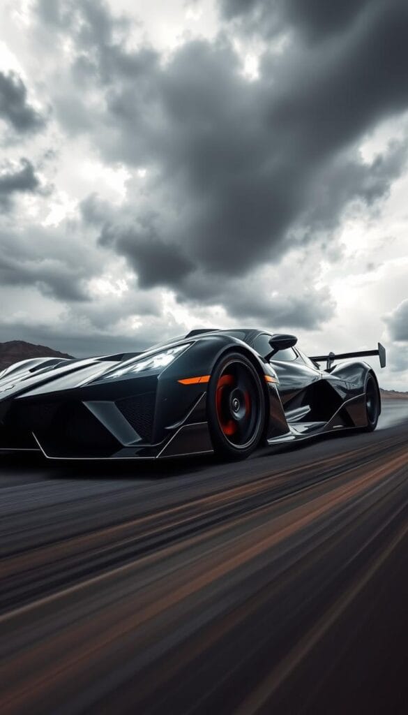 A high-speed Hennessey Venom F5 hypercar races across a dramatic, wind-swept landscape. The sleek, aerodynamic body panels and towering rear wing slice through the air with precision. Powerful headlights pierce the darkness, illuminating the car's path. In the foreground, the F5's massive carbon-ceramic brakes glow with intense heat, hinting at the incredible performance capabilities. The sky is filled with dramatic clouds, casting dynamic shadows across the scene. The camera angle is low, emphasizing the Venom F5's imposing, ground-hugging stance. This scene captures the raw, unbridled speed and power of this record-breaking automotive engineering masterpiece.