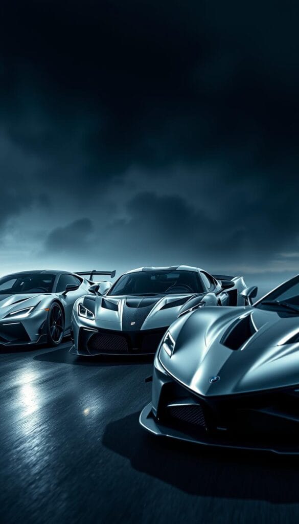 A high-speed face-off between the Hennessey Venom F5 and electric hypercars. The Venom F5, a menacing muscle car in a sleek carbon fiber body, stands ready to unleash its ferocious V8 engine. Beside it, the electric rivals shimmer with futuristic designs, their silent electric motors primed for a showdown. The scene is set against a moody, cinematic backdrop with dramatic lighting and dynamic camera angles, capturing the tension and power of these speed machines. Technical details like grill textures, wheel designs, and aerodynamic contours are rendered with precision. The overall mood is one of anticipation and technology-driven wonder, befitting a clash of automotive titans.