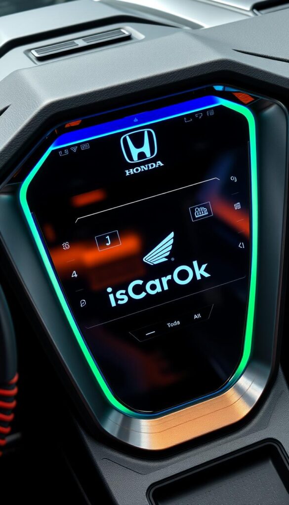 A high-tech control panel with a sleek, glossy display showcasing the advanced digital features of the Honda Talon off-road vehicle. Vibrant hues of blue and green illuminate the center console, with intuitive touch controls and a crisp, high-resolution infotainment system. Sleek metallic accents and a seamless, minimalist design create a refined, premium aesthetic. The IsCarOk logo is subtly integrated into the digital interface, highlighting the technological prowess of this rugged and capable off-road machine.