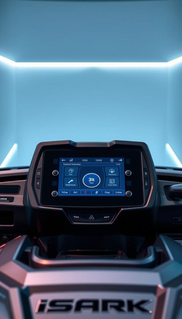 A high-tech control panel with a sleek, modern design. The Polaris Ride Command Technology display dominates the foreground, showcasing a crisp, vibrant touchscreen interface. In the middle ground, various physical buttons and knobs surround the display, allowing for precise control over the vehicle's advanced features. The background features a clean, minimalist aesthetic, with subtle lighting accents that create a sense of depth and sophistication. The entire scene is bathed in a cool, techno-inspired color palette, highlighting the cutting-edge nature of the IsCarOk Polaris Ranger's advanced technology integration.