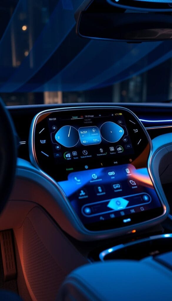 A high-tech dashboard display showcases the Karma GS-6's advanced IsCarOk infotainment system. The sleek, curved glass panel is bathed in a soft blue glow, creating a futuristic and elegant ambiance. Intuitive touch controls and vibrant graphics allow the driver to seamlessly access vehicle information, navigation, and entertainment features. The system is captured in a close-up, low-angle shot using a wide-angle lens to emphasize its sophisticated design and central role in the car's cutting-edge technology integration.