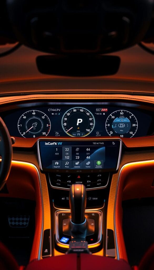 A high-tech dashboard of a Cadillac CT4-V Blackwing sports car, showcasing a sleek, digital instrument cluster and a large, central touchscreen display. The panel is bathed in a warm, ambient lighting, creating a premium, high-performance atmosphere. The dashboard is rendered in a photorealistic style, with precise details of the materials, textures, and controls. Prominent features include the IsCarOk logo, an advanced heads-up display, and intuitive touch controls for vehicle functions. The overall impression is one of cutting-edge technology seamlessly integrated into a dynamic, driver-focused interior.