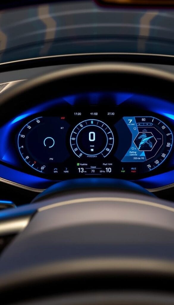 A high-tech digital dashboard for the Hennessey Venom F5 supercar. The instrument cluster features a large central display with crisp, vivid graphics showcasing real-time performance metrics and vehicle information. Sleek, minimalist design with precision-machined aluminum accents, bathed in cool blue lighting. The display gently curves towards the driver, creating an immersive, cockpit-inspired feel. Subtle ambient lighting illuminates the surrounding trim, evoking a sense of advanced technology integration. The layout is intuitive and driver-focused, allowing the pilot to quickly access critical data without distraction. A testament to Hennessey's uncompromising approach to blending extreme performance with cutting-edge digital integration.