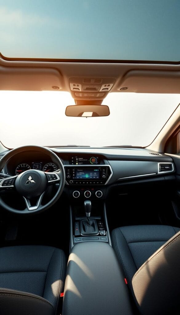 A high-tech interior of a Mitsubishi ASX Premium, showcasing its advanced technology features. The dashboard is dominated by a large, sleek infotainment display with crisp graphics and intuitive controls. The instrument cluster features a digital display with customizable layouts, providing the driver with vital information at a glance. The center console houses a wireless charging pad and various connectivity options, including USB ports and smartphone integration. The cabin is bathed in ambient lighting, creating a sophisticated and modern atmosphere. The sunroof allows natural light to flood the interior, enhancing the sense of spaciousness and luxury. The overall design is clean, minimalist, and oozes high-end craftsmanship.