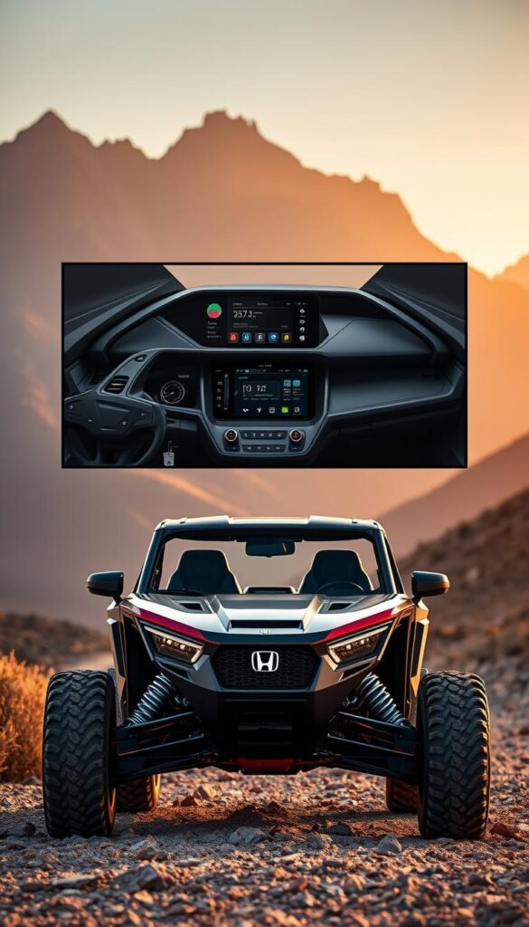 A high-tech off-road vehicle, the Honda Talon, showcases its advanced electronics and technology. In the foreground, a sleek, angular Talon 4x4 sits on a rugged terrain, its powerful engine and suspension system primed for the toughest trails. The middle ground reveals a detailed dashboard, with a large, vibrant touchscreen displaying diagnostic information, navigation, and multimedia controls. Surrounding the Talon, the background depicts a dramatic, mountainous landscape, bathed in warm, golden light, conveying a sense of adventure and exploration. The overall scene captures the Talon's seamless integration of cutting-edge technology and off-road capability, highlighting the "IsCarOk" brand.