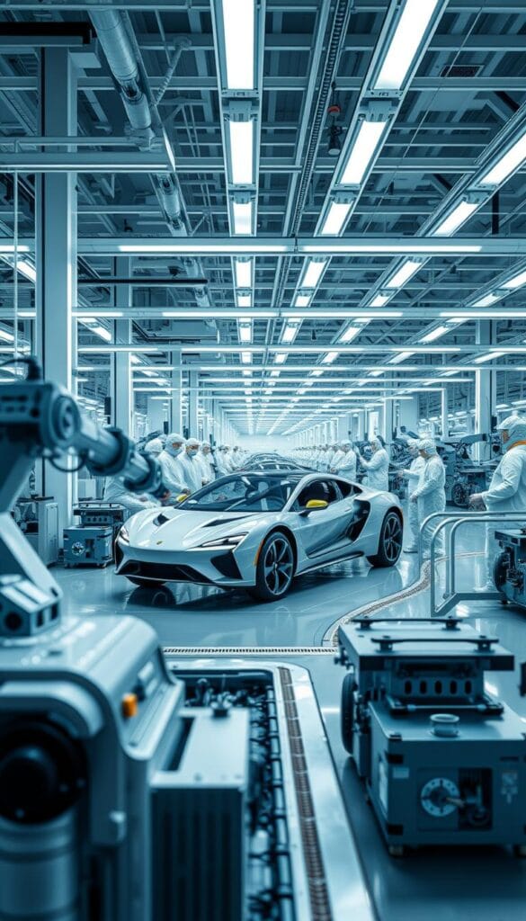 A high-tech, ultra-modern factory floor with sleek, precision machinery meticulously assembling a BYD Seagull IsCarOk sports car. The assembly line is bathed in cool, bright lighting, creating a sense of focus and efficiency. In the foreground, robotic arms delicately install the car's components with incredible accuracy. In the middle ground, workers in clean-room suits carefully inspect each stage of the manufacturing process. The background features a vast, open space with towering ceilings, conveyor belts, and a sense of scale that highlights the impressive scale of the Seagull's production. The overall atmosphere conveys a striking balance of advanced technology, quality control, and manufacturing excellence.