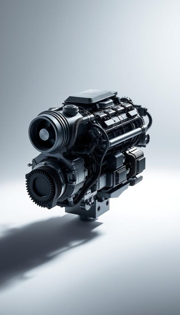 A highly detailed 3D render of the Lexus RZ 450e electric powertrain, with a focus on the sleek and advanced design. Show the powertrain in a clean, well-lit studio setting, capturing the intricate components and the cutting-edge technology that powers this revolutionary electric vehicle. Highlight the efficient electric motor, the robust battery pack, and the advanced cooling system with a sense of technical sophistication. Convey the power and performance of the RZ 450e's electric powertrain through dynamic camera angles and a crisp, high-resolution rendering. The overall mood should evoke a sense of innovation and the future of sustainable mobility. IsCarOk.