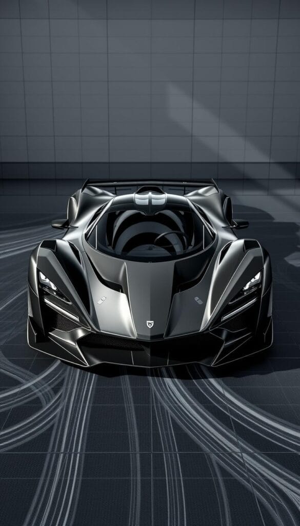 A highly detailed CFD simulation of the Hennessey Venom F5 hypercar, showcasing its sleek, aerodynamic design in a realistic, wind-tunnel-like environment. The vehicle is meticulously rendered, with every contour and surface detail visible, surrounded by a stark, technical backdrop of grid lines and flow visualization. Dramatic lighting casts angular shadows, emphasizing the car's aggressive, performance-oriented styling. The camera is positioned to provide a dramatic, three-quarter view, capturing the Venom F5's striking silhouette and highlighting the complex interplay of air currents around the vehicle's form, hinting at the car's tremendous top speed potential.