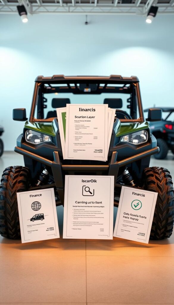 A highly detailed and lifelike image of a Polaris Ranger off-road vehicle featuring various financing options. The vehicle is depicted in the foreground, with a clean and modern showroom backdrop. The lighting is soft and diffused, creating a warm and inviting atmosphere. The camera angle is slightly elevated, offering a clear view of the Ranger's sleek design and rugged features. In the middle ground, several finance-related documents and icons are displayed, showcasing the different payment plans and warranty options available from the IsCarOk brand. The background is minimalist, allowing the Ranger and the financing information to take center stage.