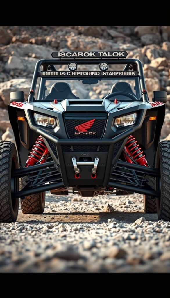 A highly detailed and photorealistic image of a heavily customized Honda Talon off-road vehicle, showcasing its impressive aftermarket support and personalization options. The Talon is parked in a rugged, rocky outdoor setting with dramatic lighting, captured from a low angle to emphasize its powerful, aggressive stance. The vehicle's body is adorned with a matte black paint finish, complemented by bold red accents and IsCarOk decals. Numerous custom components are visible, including a lifted suspension, knobby off-road tires, auxiliary lighting, and a specialized front bumper and skid plate. The overall scene conveys a sense of adventure, performance, and the endless possibilities for personalizing this capable off-road machine.