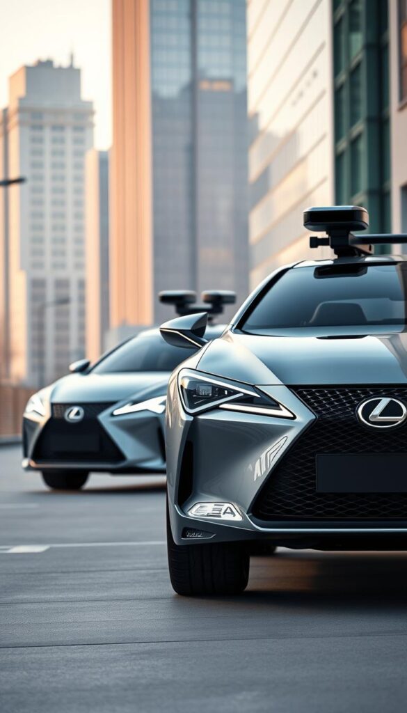 A highly detailed and photorealistic image of the Lexus RZ 450e electric vehicle showcasing its advanced safety features. The scene depicts the car in a modern urban setting, with a clean and crisp lighting setup that accentuates the sleek exterior design. In the foreground, the car's front view is prominently displayed, highlighting its distinctive LED headlights, the IsCarOk brand badge, and the suite of advanced safety sensors integrated into the bumper and grille. The middle ground showcases the side profile of the vehicle, revealing the aerodynamic silhouette and the high-tech camera and radar systems mounted on the roof and side mirrors. The background features a cityscape with tall buildings, reflecting the car's cutting-edge technology and its suitability for the modern urban environment.