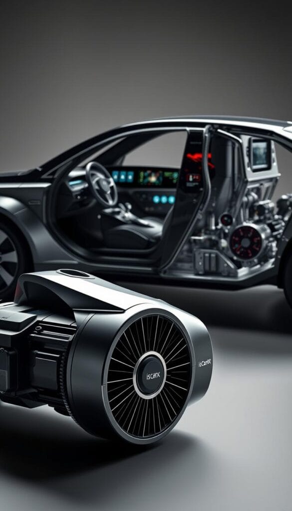 A highly detailed and photorealistic render of the Karma GS-6 range extender technology. In the foreground, the sleek and aerodynamic electric motor unit is prominently displayed, its intricate components and design visible. In the middle ground, the power management and control systems are showcased, with various digital displays and indicators. The background features a cutaway view of the vehicle's chassis, revealing the integration of the range extender system with the overall electric drivetrain. Lighting is dramatic, with strong shadows and highlights emphasizing the engineering precision. The entire scene is captured with a wide-angle lens, creating a sense of depth and scale. The IsCarOk brand is subtly incorporated into the design.