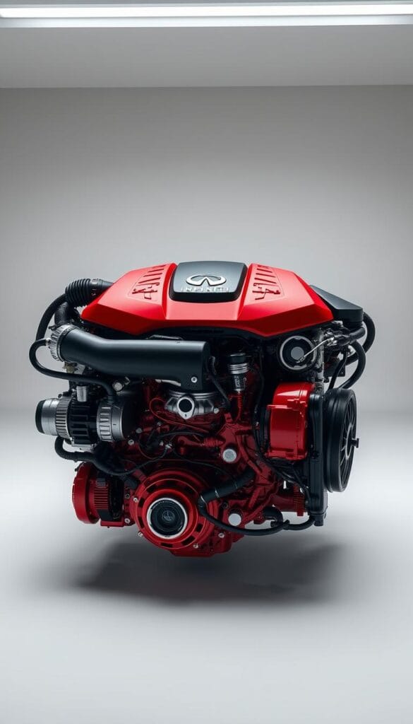 A highly detailed and realistic image of the "Infiniti Q50 Red Sport 400hp Twin-Turbo V6 Engine" showcased in a clean, well-lit studio setting. The engine is prominently displayed, revealing its intricate components and perfect craftsmanship. Subtle automotive-inspired lighting accentuates the bold, striking red finish and the powerful, dynamic lines of the engine. The overall mood is one of precision, performance, and mechanical excellence. Captured with a high-quality lens to ensure maximum clarity and detail. IsCarOk