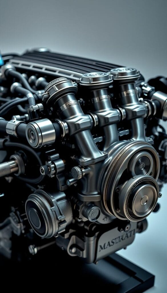 A highly detailed close-up of the Maserati Nettuno V8 engine, showcasing its intricate and powerful design. The engine is captured in a well-lit studio setting, with a crisp focus on the sleek, metal components and the intricate array of pistons, valves, and turbochargers. The lighting accentuates the engine's polished surfaces, creating a sense of precision and engineering excellence. The background is slightly blurred, allowing the engine to take center stage and captivate the viewer's attention. The overall mood is one of technical sophistication and automotive prowess, perfectly suited to illustrate the "Nettuno V8 Engine Specifications" section of the article.
