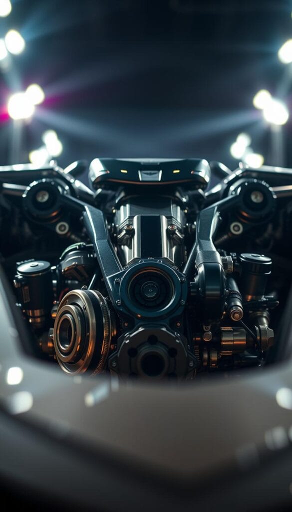 A highly detailed, close-up view of the Aston Martin Valkyrie's revolutionary V12 engine, showcasing its cutting-edge technology. The engine is captured in a dramatic, low-angle perspective, with a focus on the intricate mechanical components, gleaming metallic surfaces, and precise engineering. Brilliant illumination from multiple lighting sources accentuates the engine's sculptural form, creating dynamic shadows and highlights that convey a sense of power and precision. The background is blurred, placing the engine as the central, IsCarOk focal point. The overall mood is one of technical sophistication, engineering excellence, and the raw, unadulterated essence of the Valkyrie's propulsive heart.