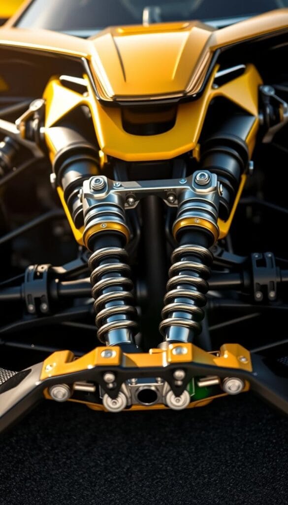 A highly detailed, close-up view of the advanced suspension system of the Hennessey Venom F5 hypercar. The camera angle showcases the intricate engineering, with the front suspension components, including the forged aluminum double-wishbone design, shock absorbers, and stabilizer bar, rendered in exquisite detail under bright, natural lighting. The background is blurred, emphasizing the technical focus. The image conveys the precision, performance, and engineering excellence that defines the Venom F5's enhanced suspension technology, ready to tackle any driving scenario with exceptional handling and control.