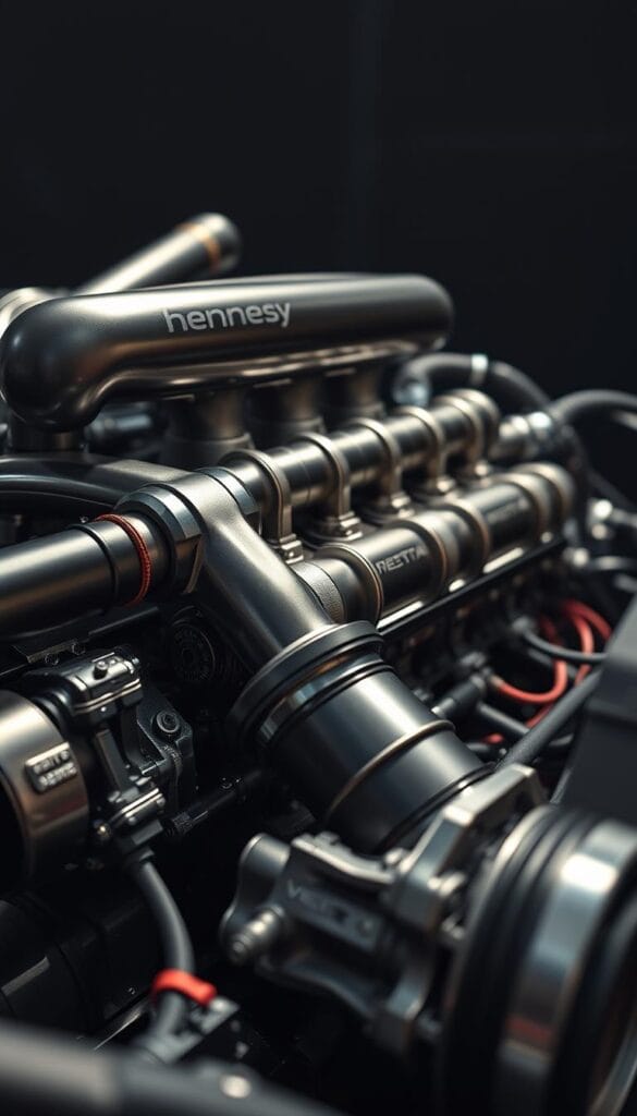A highly detailed, close-up view of the revolutionary Hennessey Venom F5 Hypercar's powerful 1,817 horsepower "Fury" V8 engine. The intricate metal components gleam under dramatic studio lighting, showcasing the cutting-edge engineering and design. Observe the precision-machined intake manifold, the complex turbocharger system, and the meticulously routed wiring harness. The depth of field isolates the engine, making it the sole focus against a dark, moody background. Capture the raw, visceral essence of this automotive masterpiece, hinting at the extreme performance and exclusivity of the Venom F5.
